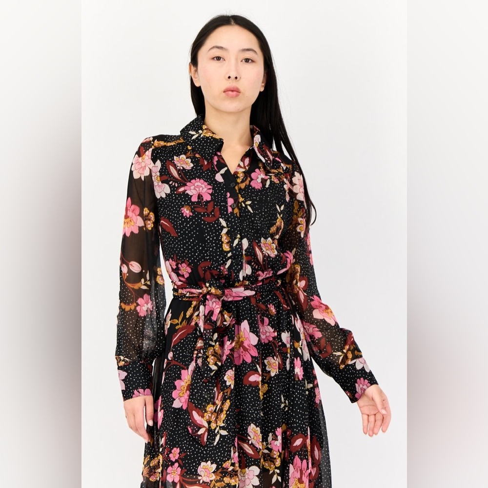 Bandolino Black and Pink Floral Long Sleeve Dress